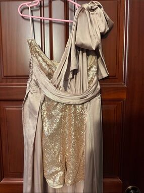 Champagne Sequin Romper with Train and Draped Sash